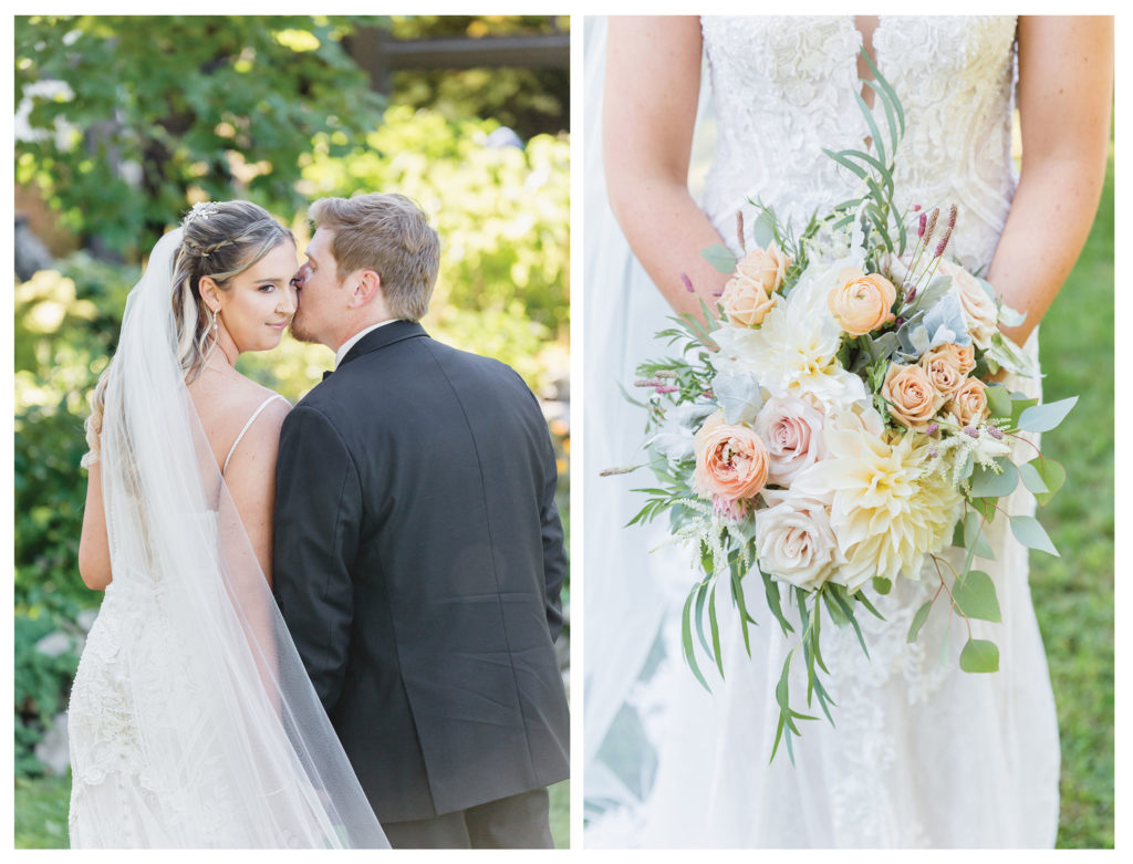 Bohemian Bride and Groom and a close up of bridal bouquet shot in the light and airy style.