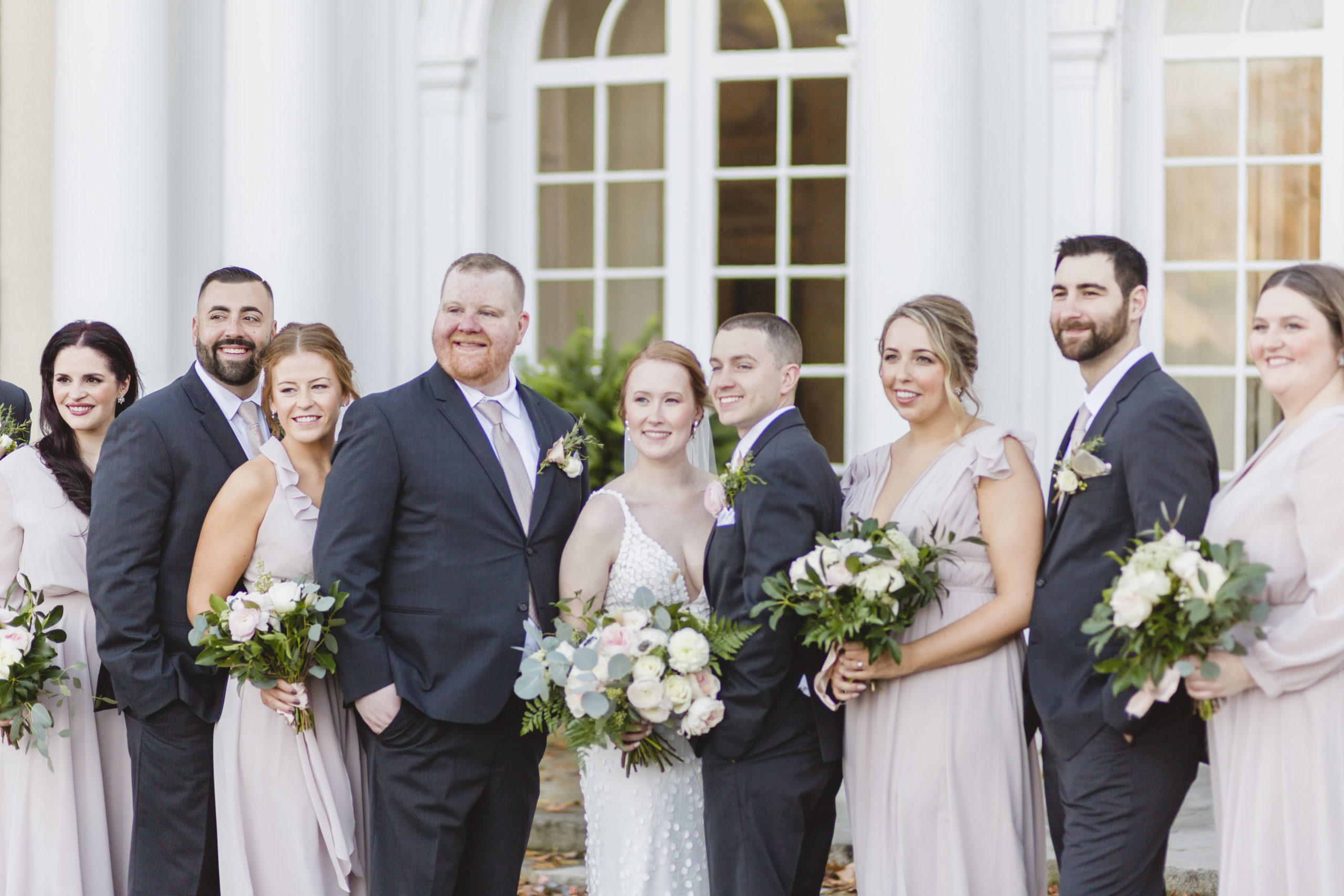 Wedding Party dressed in Mauve and black at Tupper Manor in Beverly, Massachussets.