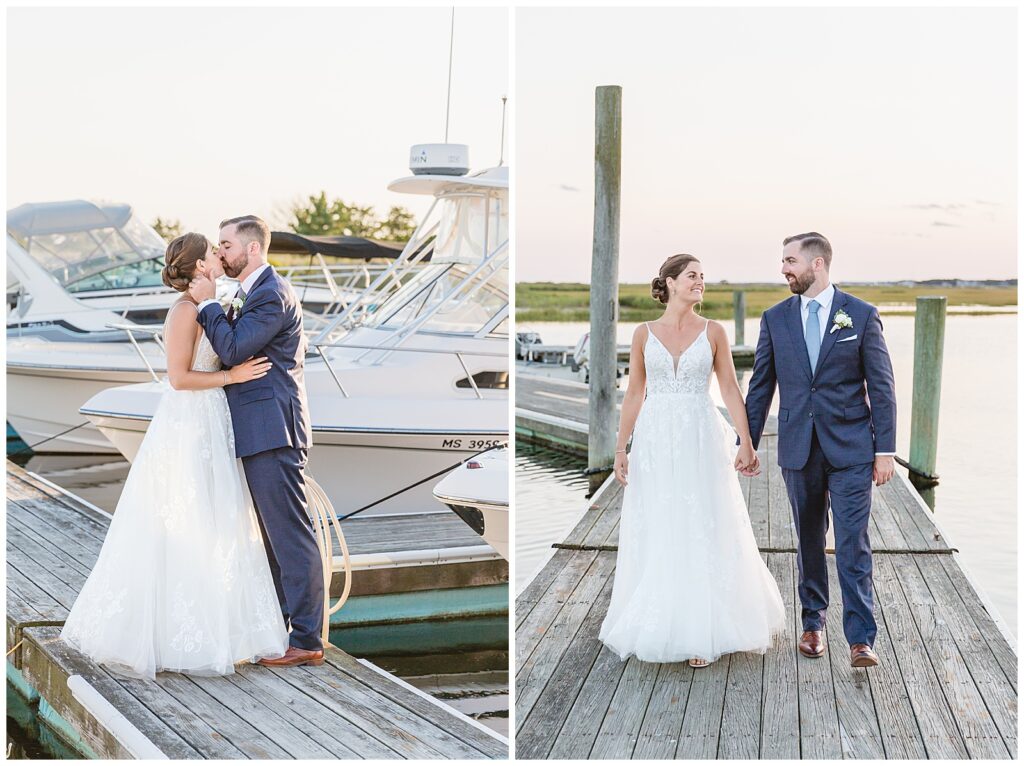 Newly wed couple holding hands and kissing on the docks of the West Dennis Yatch Club