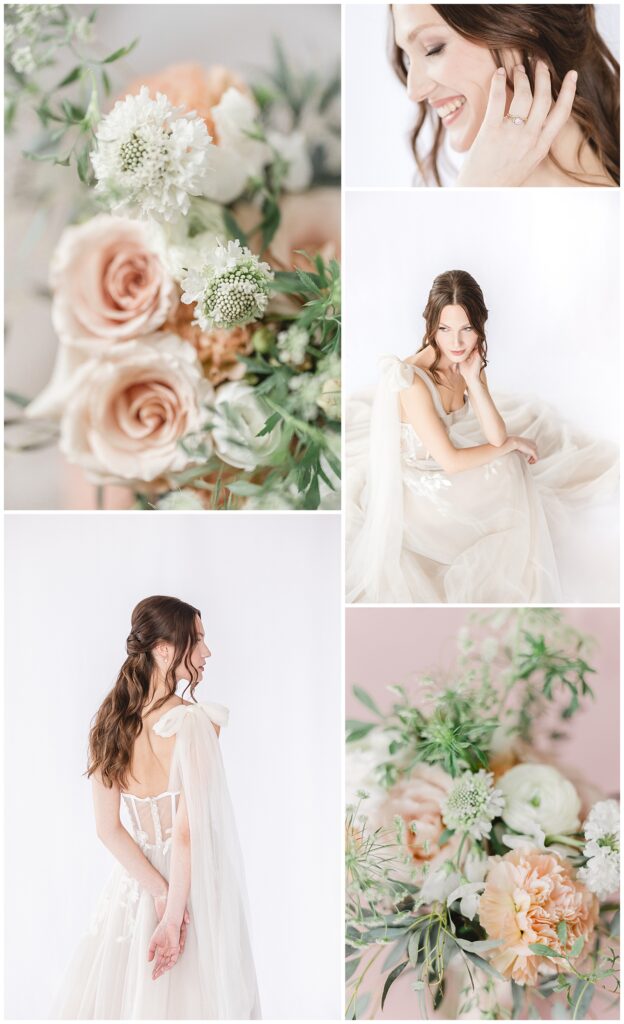 Wedding florals from Floral Lab, wedding and engagement rings from Laura Preshong, and a wedding dress from Bremelia Bridal