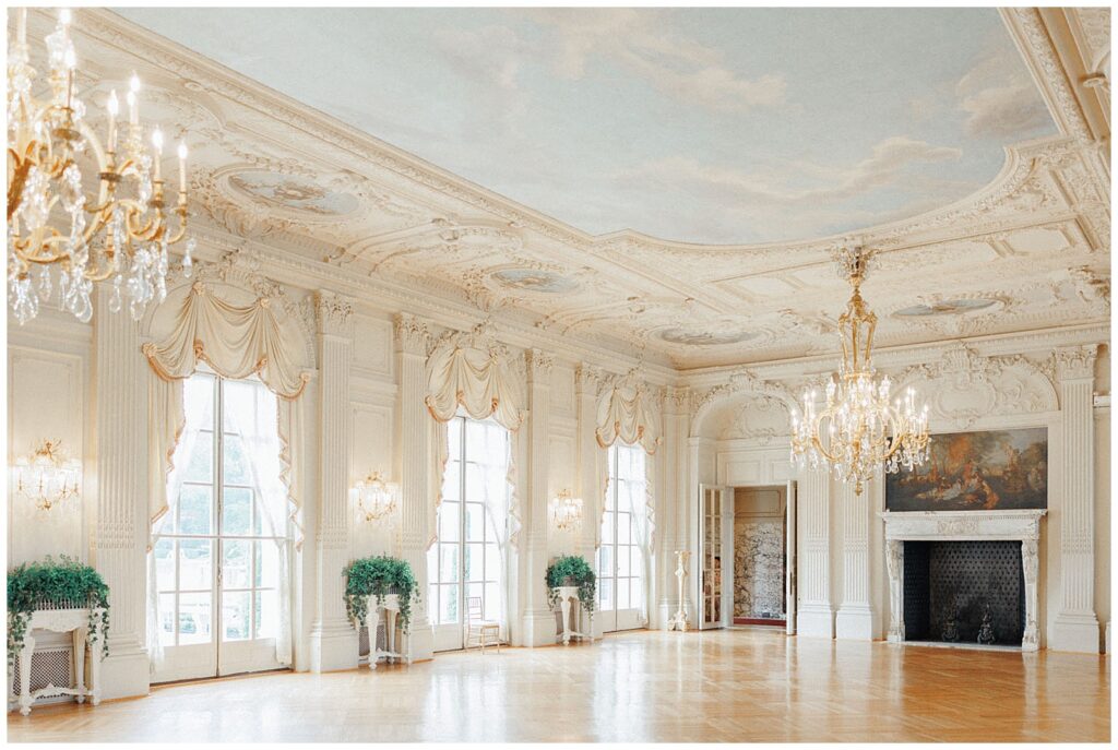 The ballroom at Rosecliff Mansion is the perfect wedding venue in Newport Rhode Island