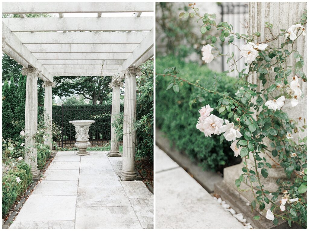 The rose garden at Rosecliff Mansion is a perfect setting for wedding photography.