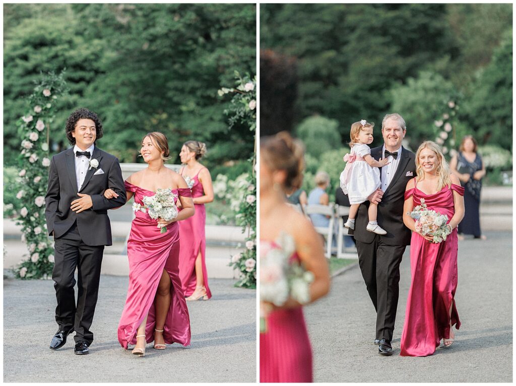Wedding party walks down the aisle at the Gardens at Elm Bank.