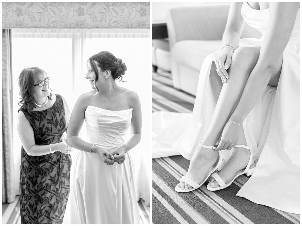 Bride gets ready with her mom on her wedding day.