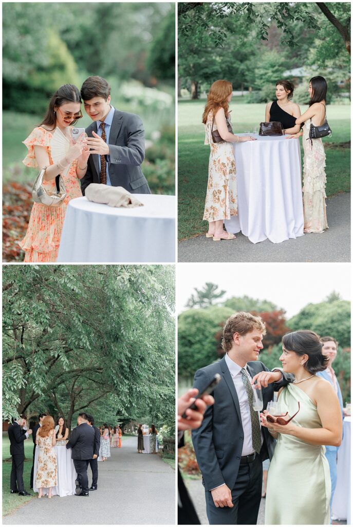 Guests mingling at a wedding at the Gardens at Elm Bank.