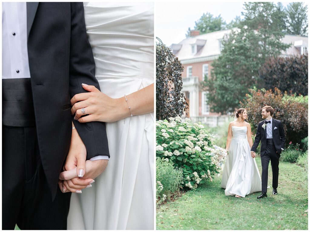 Married couple walk hand in hand at the Gardens at Elm Bank.