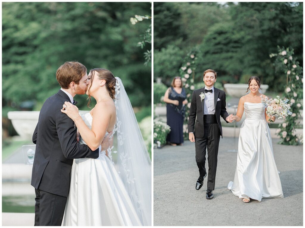 Bride and groom share their first kiss at the Gardens at Elm Bank.