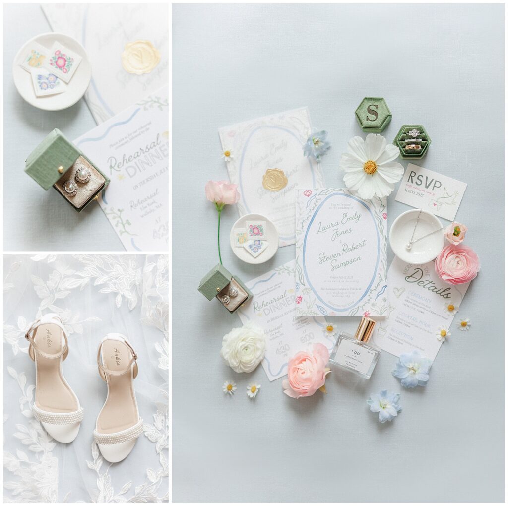 Hand-illustrated custom wedding invitations for garden wedding.